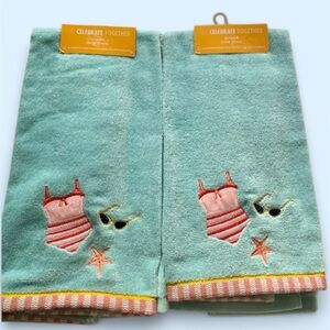 Set 2pk  Aqua Beach Design Cotton Hand Towel Summer Decor Brand New